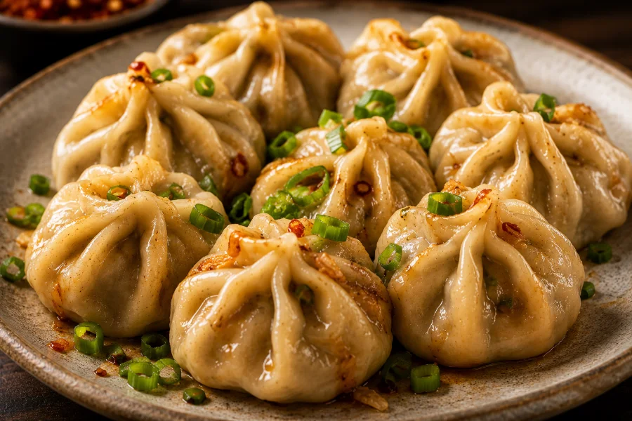 Beef dumplings garnished with herbs