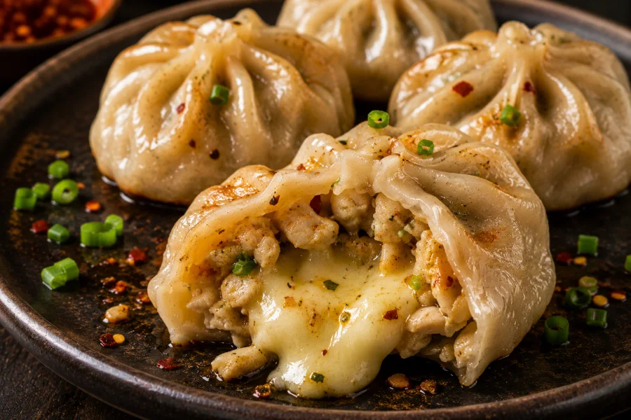Lava cheese chicken dumpling cut open with melted cheese