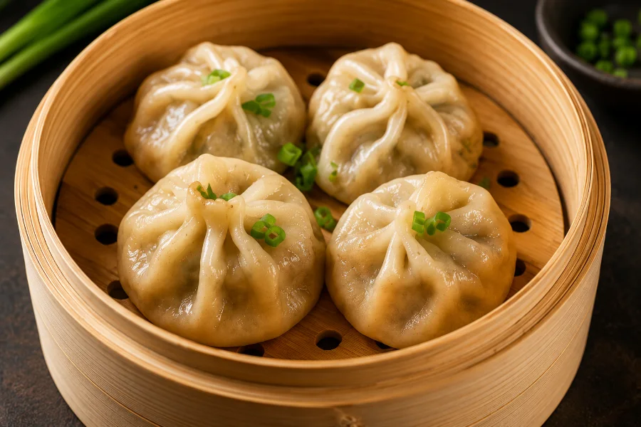 Classic chicken dumplings in a bamboo steamer
