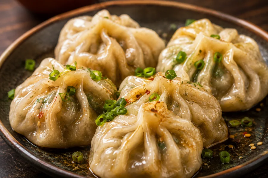 Juicy pork dumplings with green garnish