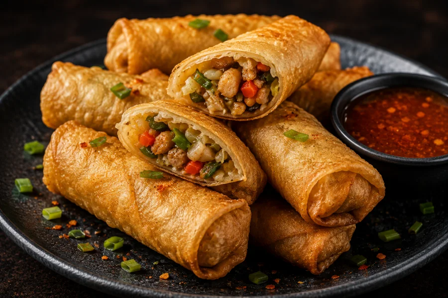 Crispy golden rolls with dipping sauce
