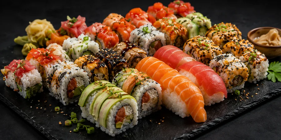 Signature sushi platter with fresh rolls and nigiri
