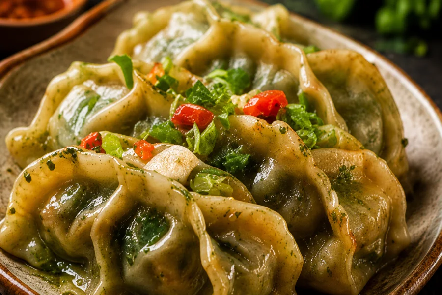 Mediterranean veggie dumplings on a plate